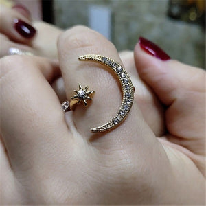 Ahmed 2019 New Fashion Crytal Ring Moon & Star Dazzling Open Finger Rings for Women Girls Wedding Engagement Jewelry Gift