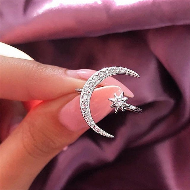 Ahmed 2019 New Fashion Crytal Ring Moon & Star Dazzling Open Finger Rings for Women Girls Wedding Engagement Jewelry Gift